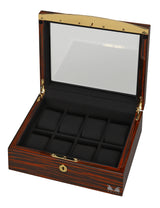VOLTA EBONY WOOD 8 WATCH CASE WITH GOLD ACCENTS AND BLACK INTERIOR AND SEE THROUGH TOP