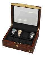 VOLTA EBONY WOOD 8 WATCH CASE WITH GOLD ACCENTS AND BLACK INTERIOR AND SEE THROUGH TOP