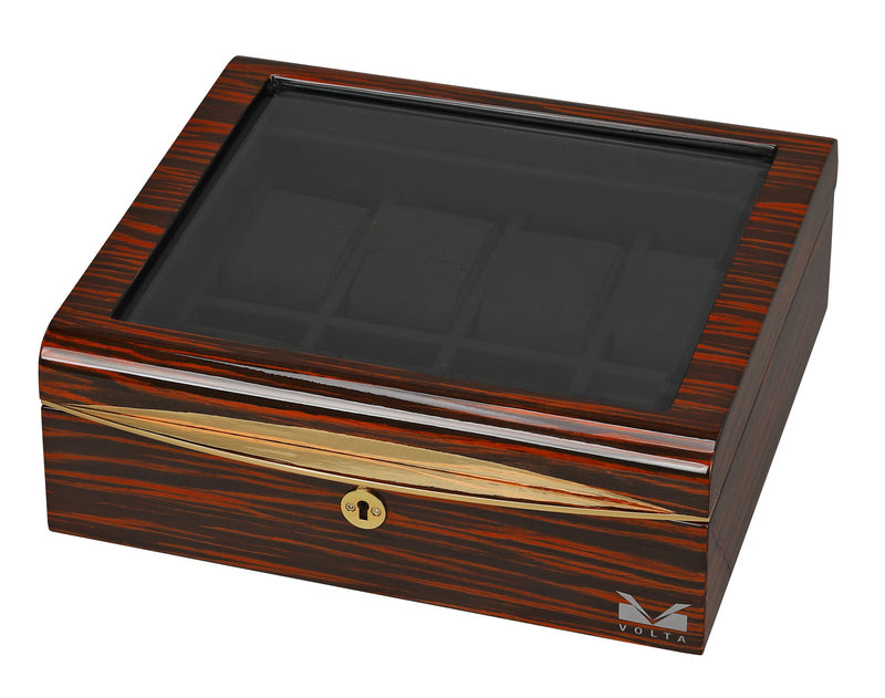 VOLTA EBONY WOOD 8 WATCH CASE WITH GOLD ACCENTS AND BLACK INTERIOR AND SEE THROUGH TOP