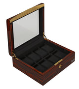 VOLTA EBONY WOOD 8 WATCH CASE WITH GOLD ACCENTS AND BLACK INTERIOR AND SEE THROUGH TOP