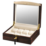 VOLTA EBONY WOOD 8 WATCH CASE WITH GOLD ACCENTS AND CREAM LEATHER INTERIOR AND SEE THROUGH TOP