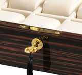 VOLTA EBONY WOOD 8 WATCH CASE WITH GOLD ACCENTS AND CREAM LEATHER INTERIOR AND SEE THROUGH TOP