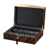 VOLTA EBONY WOOD 10 WATCH CASE WITH GOLD ACCENTS AND BLACK LEATHER INTERIOR