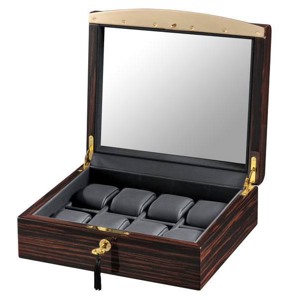 VOLTA EBONY WOOD 8 WATCH CASE WITH GOLD ACCENTS AND BLACK LEATHER INTERIOR AND SEE THROUGH TOP