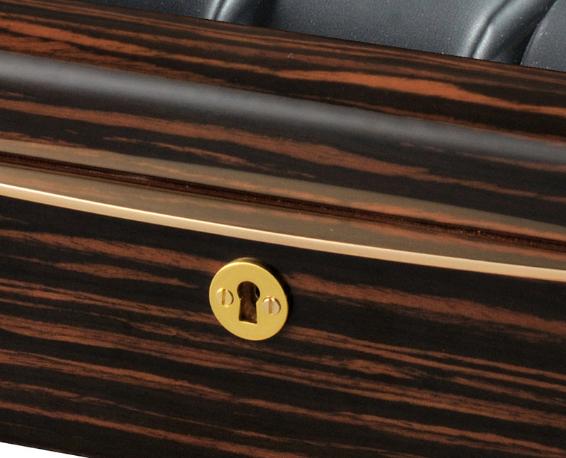 VOLTA EBONY WOOD 8 WATCH CASE WITH GOLD ACCENTS AND BLACK LEATHER INTERIOR AND SEE THROUGH TOP