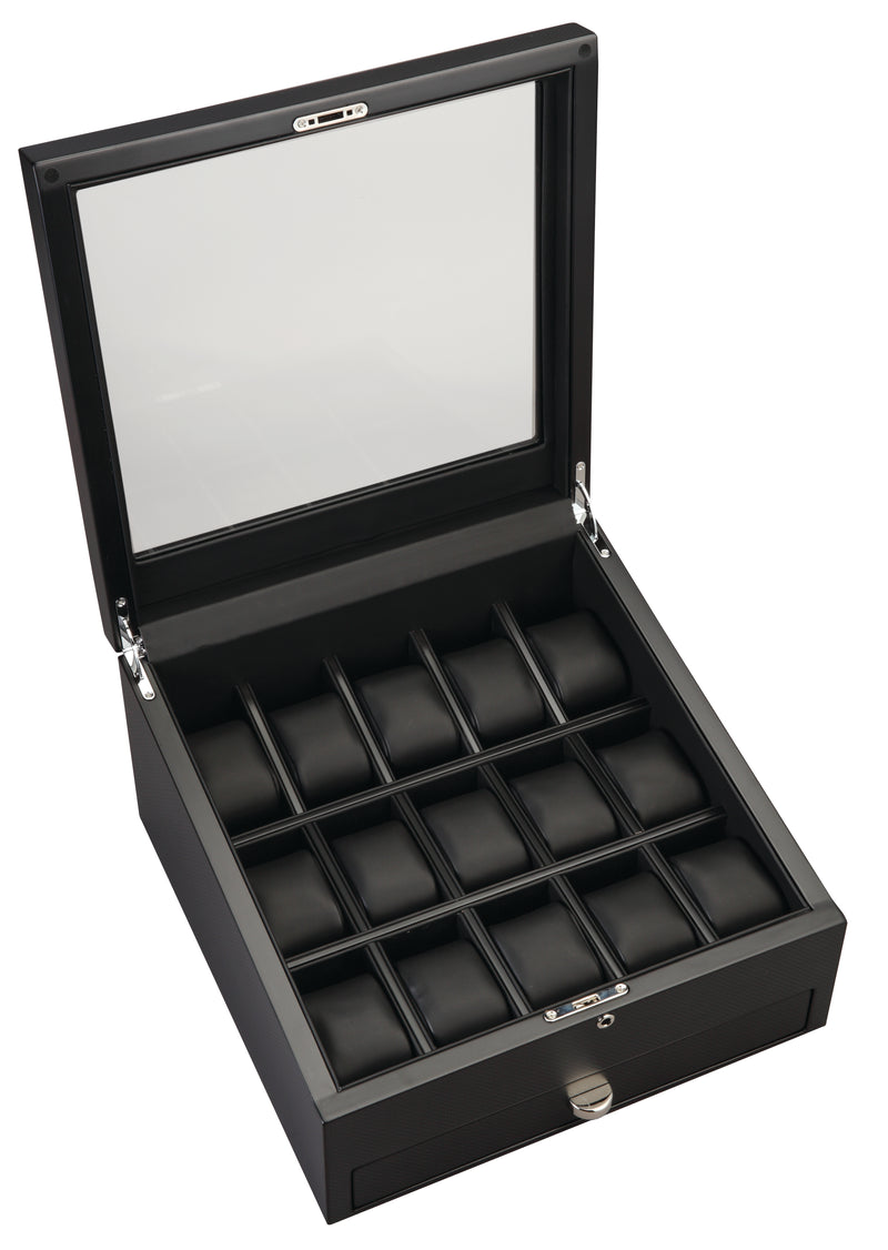 VOLTA CARBON FIBER 15 WATCH CASE WITH ADDITIONAL STORAGE AND SEE THROUGH TOP