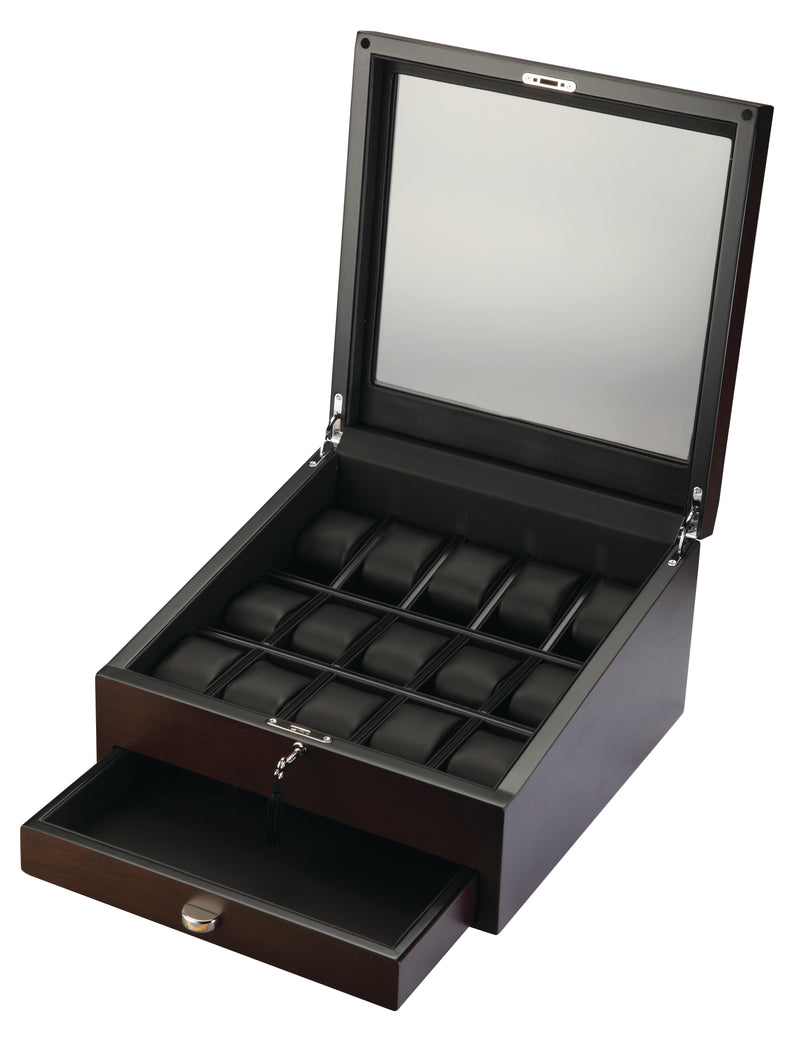 VOLTA RUSTIC BROWN 15 WATCH CASE WITH ADDITIONAL STORAGE AND SEE THROUGH TOP